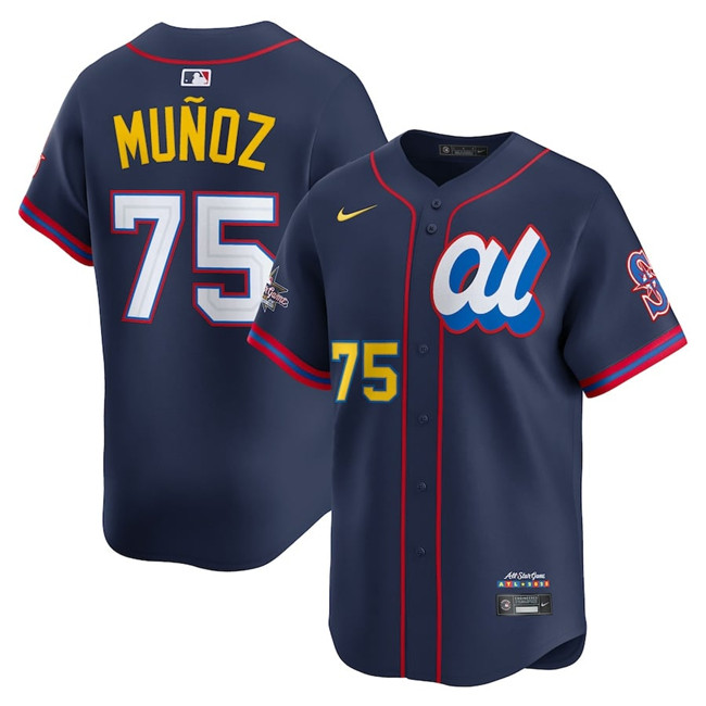 Men's American League #75 Andrés Muñoz Navy 2025 All-Star Edition Limited Stitched Baseball Jersey Men's American League #75 Andrés Muñoz Navy 2025 All-Star Edition Limited Stitched Baseball Jersey
